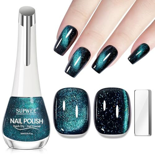 SUPWEE 16ML Cat Eye Nagellack Ohne UV, Glitzer Grün Magnet Nagellack Ohne UV Quick Drying Holografisch Katzenauge Effekt Nail Polish mit Magnet Oil Based für Home DIY Salon