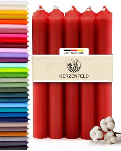 Premium Stabkerzen Rot durchgefärbt, 10 Stück, 180mm x 22mm - Tafelkerzen | Made in Germany, Lange Brenndauer 8+ Stunden - Bunte Spitzkerzen Ohne Tropfen & Rußen - RAL-Zertifizierte Haushaltskerzen