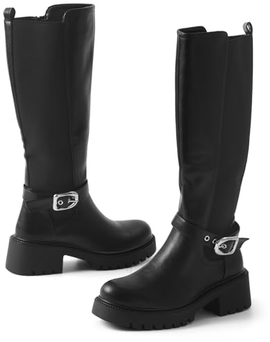 Genesandro Bottes d'équitation hautes pour femme en cuir synthétique avec tige extensible et semelle TPR antidérapante, bottes longues avec fermeture éclair et boucle, bottes d'hiver confortables pour