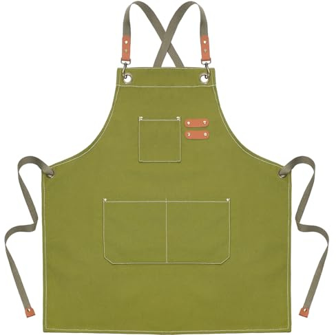 Liutufy Canvas Apron for Men Women Heavy Duty Chef Apron Adjustable | Cross Back Straps 3 Large Pockets Durable for Kitchen Cooking Baking BBQ Artwork Gardening