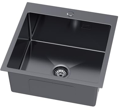 38 x 38 cm Melanstar Fregadero de acero inoxidable, Fregaderos de un seno 1 lavabo, incluye sifón y orificio para grifo, Negro Kitchen Sink