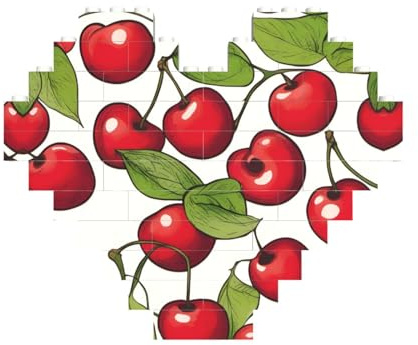 Rompecabezas de ladrillo artístico en forma de corazón con bonito estampado de cerezas rojas 3D, bloques de construcción, 30 piezas, regalo relajante
