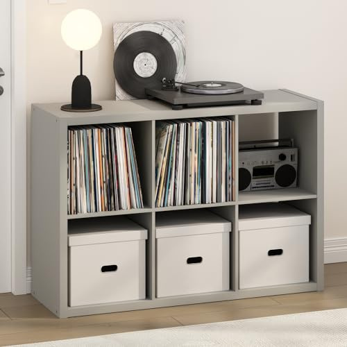Furinno Cubicle Plattenspieler Regal mit Vinyl Aufbewahrung, 6-Würfel 1.2 Extra Dicke Vinyl Aufbewahrung, Offen Rückseitiges Medienregal für CD DVD Blueray Spiel Discs, für Wohnzimmer, Hellgrau