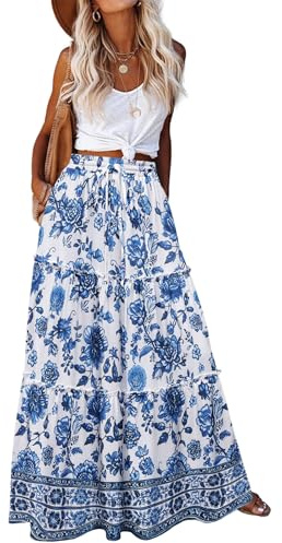 HOTOUCH Womens Maxi Skirt Spring Summer Long Skirt High Waist Skirts with Pockets Casual Floral Boho Skirts Elegant Flowy A-Line Beach Skirt Boho Blue White XXL