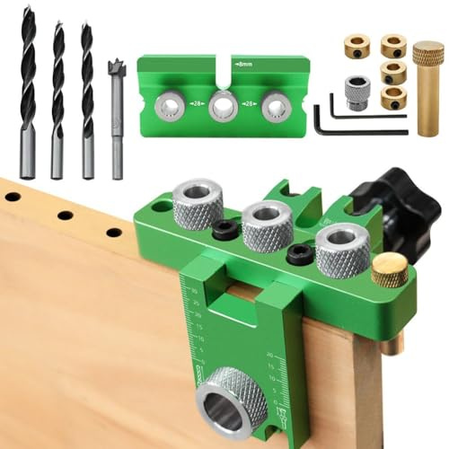 MoSundi Kit localizador de perforación con abrazadera 3 en 1, brocas de 8/10/15 mm, anillos de tope de latón y pasadores de madera para carpintería y mejoras del hogar, color verde