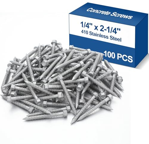 Tandefio 100 Pcs 1/4 x 2-1/4 410 Stainless Steel Hex Concrete Anchor Screws Diamond Point Salt Fog Zinc Plated Silver Heavy Duty Anchors for Masonry Block Brick