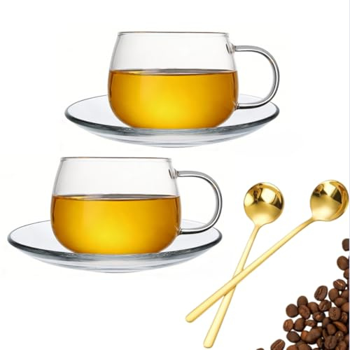 JADEWANG Glass Teacup and Saucer Set, Clear Coffee Mug and Saucer with Gold Stainless Steel Spoon, Teacups for Espresso Cappuccino Latte Tea Juice, 12OZ/350ml (Clear - 2 Pack)