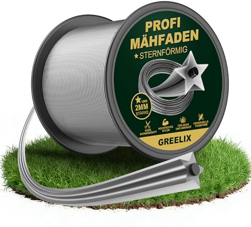 GREELIX Trimmerfaden 2mm x 120m, Sternform Mähfaden | Trimmerfaden Nylon für Rasentrimmer & Motorsense, Verstärkung Freischneider Faden, Sauberer Schnitt