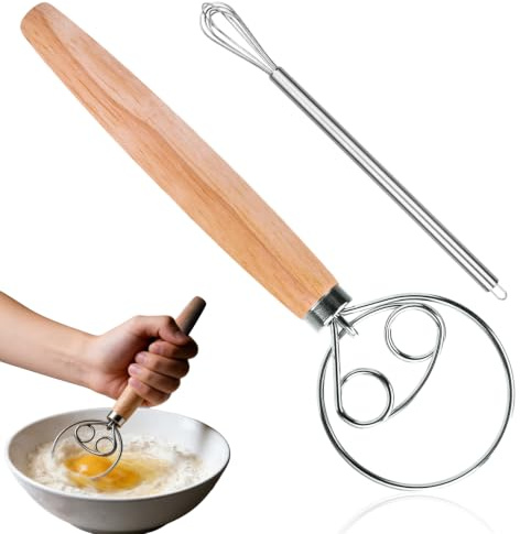 Uppsättning av 2 dansk degkvast och visp – rostfritt stål degmixer med ekthandtag dubbel spiral surdeg omrörare för bakning kaka bröd deg ägg och såser