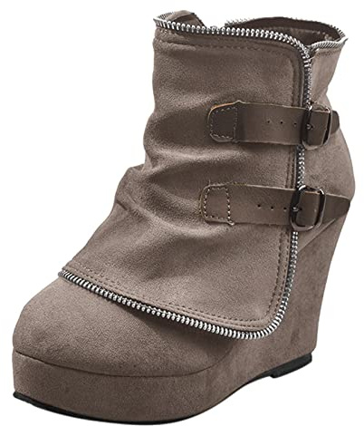 XOUSAEKM ankelstövlar för kvinnor UK boho slouch mocka plattform kilstövlar, Khaki, 39 EU | Dubbelt metallspänne med dragkedja på sidan korta tossor rund tå enfärgad vintage ankelstövlar för semester eller festival
