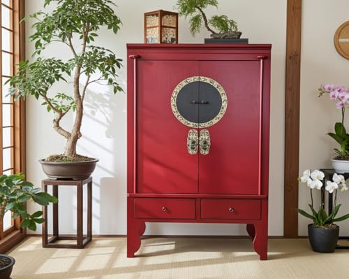 OPIUM OUTLET Kinesiskt bröllopsskåp asiatisk klädskåp Kina byrå vintage shabby orientalisk röd
