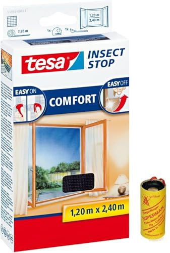 tesa Insect Stop Comfort Fliegengitter für bodentiefe Fenster/Insektenschutz mit Selbstklebendem Klettband in Anthrazit + 1 Rolle Fliegenfänger Gratis (10x 120 cm x 240 cm)