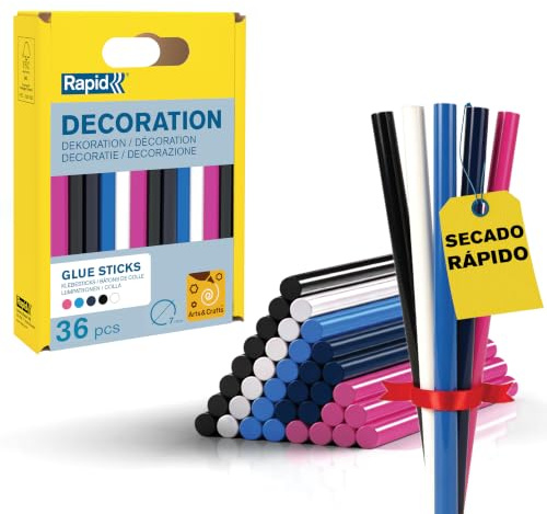 Rapid Confezione da 36 Stick di Colla Colorati per la Decorazione, Diametro 7 mm x 90 mm, Colori Bianco, Nero, Azzurro, Rosso e Blu, con Alti Livelli di Resina, Senza Solventi, Incollaggio Rapido