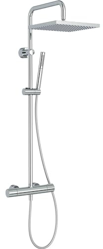 Jacob Delafon Colonne de Douche Thermostatique Brigitte, Tête 28cm, Chrome | Butée anti-brulure 38°C. Canne réglable. Douchette 2 Jets. Débit 10L/min