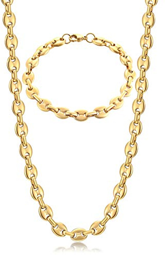 AFSTALR Halskette Herren Edelstahl 6mm Kaffeebohne Kette Armband Set für Männer Gold 61CM Hip Hop Halskette Plattenkette für Herren