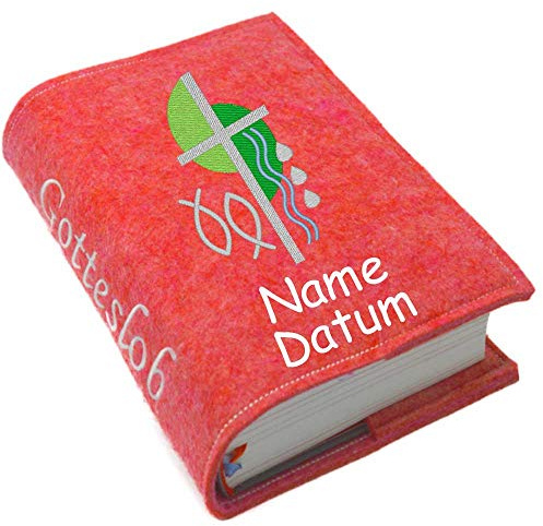 Gotteslob Gotteslobhülle Hülle Kreuz 2 grün Filz mit Namen bestickt Einband Umschlag personalisierte Gesangbuchhülle, Farbe:rot meliert