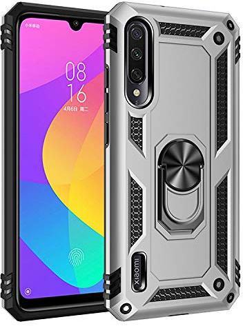 BestST Funda para Xiaomi Mi A3/Mi CC9E,Elegante Armadura híbrida Robusta Funda de Doble Capa de Alta Resistencia para PC Duro Caso con Anillo Grip, con HD Protector de Pantalla,Plata