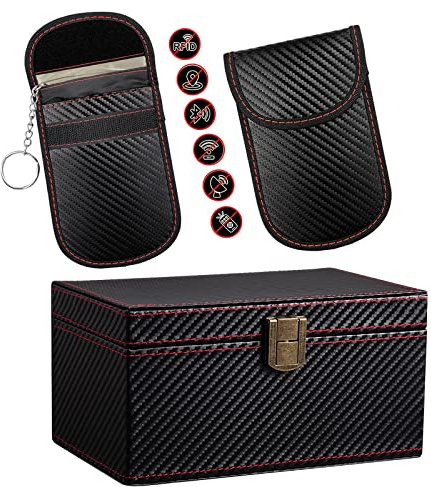 FOXNSK Faraday Box für Autoschlüssel, Leder-Signalblocker-Box für Autoschlüssel, Schlüsselanhänger, Handys, Karten, schlüsselloser Zugang, RFID-Signalblocker & Diebstahlschutz, Faraday-Boxkäfig