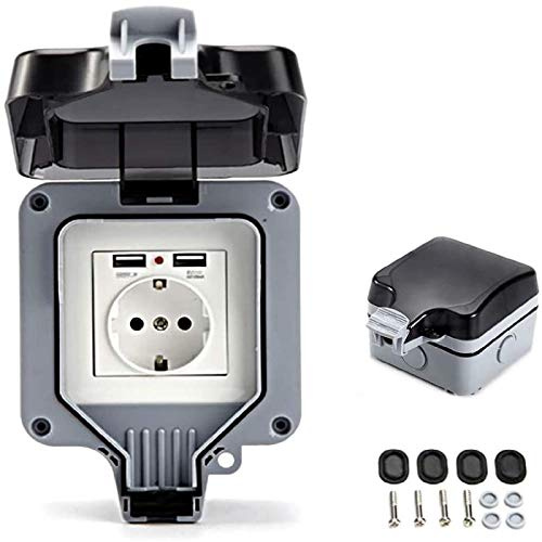 Aussensteckdose Wasserdicht IP66 Steckdose mit USB-Anschlüsse Elektrische Wasserdichte Wandsteckdose Aussensteckdose Aufputz Outdoor Steckdose Aussenbereich Wasserdicht (Einzelsteckdose)