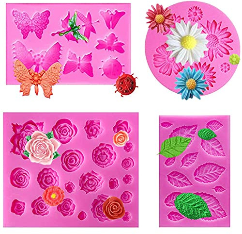 4 Pezzi 3D Stampi Fiori in Silicone per Dolci, Stampo in Silicone per Mini Fiori Foglia, Forma di Rosa, Daisy e Farfalla, per Decorare Cake, Caramelle, Cioccolato, Fondente, Gesso,Resina