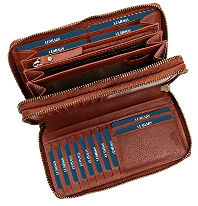 LEABAGS Leder Geldbörse Damen - Portemonnaie Gross mit RFID Schutz, Echtleder XXL Geldbeutel Damen Groß, 29 Kartenfächer Portmonee mit Münzfach, Doppelter Reißverschluss (Nappa Rotbraun)