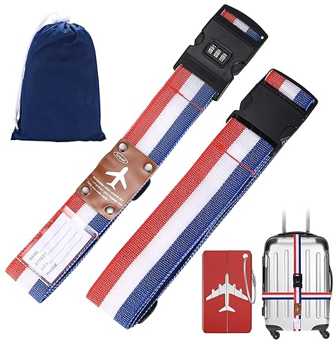 2 correas de equipaje con cerradura de combinación, correas ajustables para equipaje, etiquetas para nombre, cinta para el equipaje para cerrar de forma segura