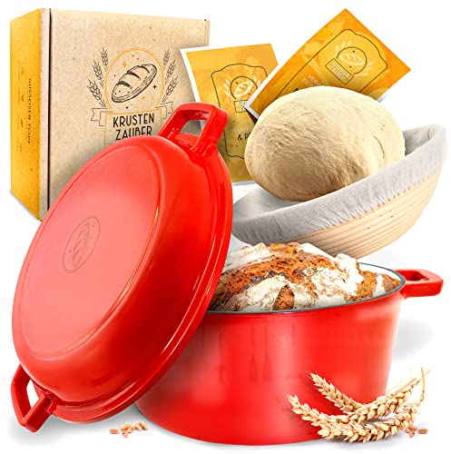 KRUSTENZAUBER Pentola in ghisa per il pane [incl. cestino per la fermentazione] – Pentola smaltata di alta qualità 26 cm – ideale per il pane in ghisa per la cottura, pentola in ghisa per cuocere il