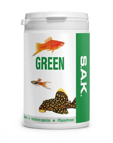 S.A.K. Green - Alleinfuttermittel für alle Zierfischarten, die einen Anteil an pflanzlichen Komponenten verlangen. Granulat 400 g (1000 ml) Granulatgröße 3 Körnung 1.6-2.7 mm - Fischgröße 7-13 cm