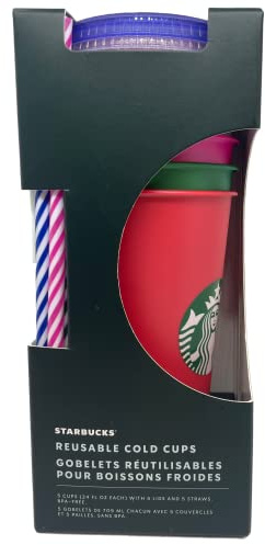 STARBUCKS Juego de 5 vasos fríos reutilizables de Navidad 2022, con tapa y popote, Venti, 24 onzas, 709 ml