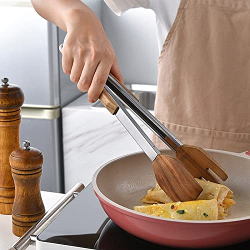 Küchenzange Edelstahl Grillzange mit Holz Spitzen Handflächenförmige Zange Küche Gebäckzange Fleischzange Spaghettizange Multifunktional Küchenzange für BBQ Salat Brot Fleisch Spaghetti (C)