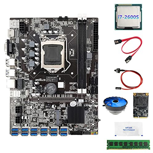 Tweovnai B75 BTC Mining Carte MèRe 12USB+I7 2600S CPU+DDR3 4GB 1600Mhz RAM+128G SSD+Ventilateur+Câble Switch+Câble SATA+Graisse Thermique