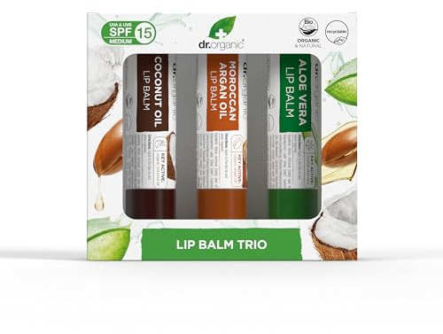 Dr Organic Lip Balm Gift Set, Moisturising, SPF 15, Assorted Multipack with Aloe Vera, Argan Oil, Coconut Oil, Natural, Vegetarian, Cruelty-Free, Paraben & SLS-Free, Organic, 5.7ml