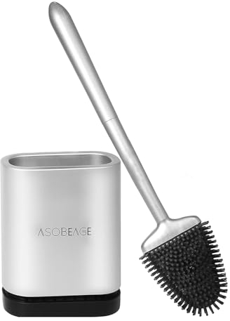 ASOBEAGE Silikon Toilettenbürste: Flexibler Kopf, Langer Griff, Wandmontage, schnell trocknende Halterung für die Reinigung des Badezimmers (Silber)