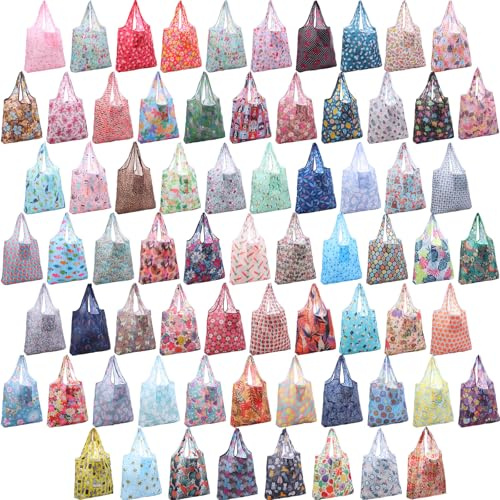 Paterr 72 Pcs Reusable Grocery Bags Foldable Shopping Bag Waterproof Shopper Cute Bag Large Machine Washable Grocery Tote(Classic Style)