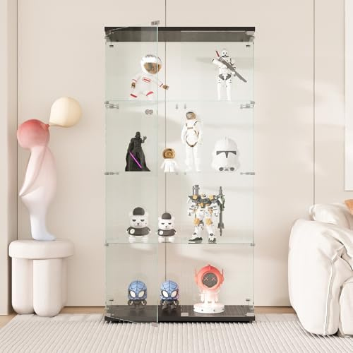 AUFHELLEN Glasvitrine Standvitrine in Schwarz, 164x80x36,5CM Glas Vitrine | Modern Vitrinenschrank mit 4 Böden aus ESG für Küche, Flur Wohnzimmer Büro zur Aufbewahrung von Sammlerstücken Büchern Weinen