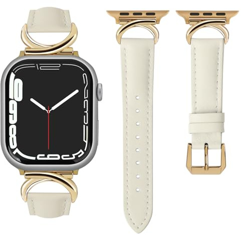 mxiixnai Lederarmband kompatibel mit Apple Watch Armband 41/40/38/42mm Damen, Echtesleder Armbänder mit C-förmiger Schnalle für iWatch 10/9/8/7/SE/6/5/4/3/2/1,Polarstern/Gold
