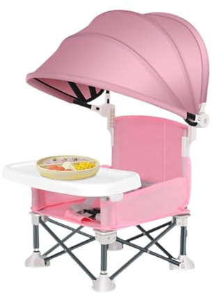 Trona Para Bebé, Silla De Comedor Plegable Con Asiento Elevador, Portátil Para Playa Con Bandeja Extraíble Y Sombrilla, De Viaje Para Alimentación