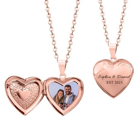 Svyqwmz Collana con ciondolo a cuore/rotondo con foto personalizzata Ciondoli con nome inciso Testo Collana di compleanno per donne uomini
