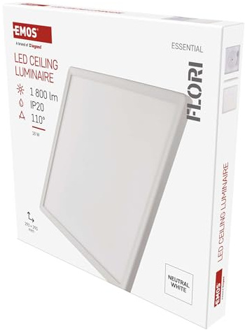 EMOS - LED-Wand-/Deckenleuchte FLORI, quadratisch - neutralweiß 4000 K - 1800 lm - 18 W (statt 115W Glühbirne) - 15 000 Std. - Abstrahlwinkel 110° - für Innenbereich - 29,3x29,3 cm - weiß