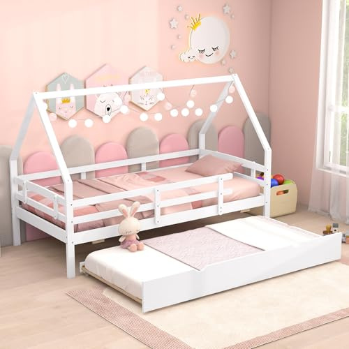 LIFEZEAL Lit Cabane Enfant 90 x 200 cm, Lit Gigogne Adulte Double, Cadre de Lit en Bois avec Baldaquin, Sommier, Barrières de Sécurité, Charge de150 kg, Lit d’Invité Blanc