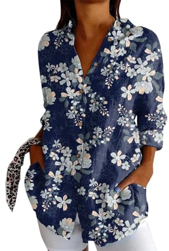 Chemisier Femme Manche Longue à Boutons imprimé Ethnique Chemise bohème pour Femme d'été Blouse Femme Long col en v Exotique Tunique Ample Fluide Chic Casual Vintage Folklore (Dark Blue, XL)