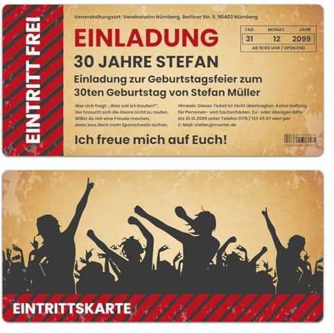 Personalisierte Ticket Einladungskarten zur Jugendweihe 10 bis 100 Stück als Eintrittskarte mit echtem Abriss, Vintage Party, Umschläge optional, 300g/qm Kartonpapier, für jedes Alter