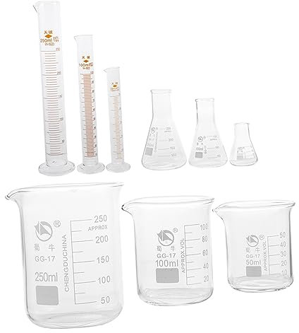 MOTHNUR 9piezas Material De Laboratorio Kit De Vidrio Graduado Vasos De Precipitación Cilindros Graduados y Frascos Conicos Para Experimentos Científicos y Clases