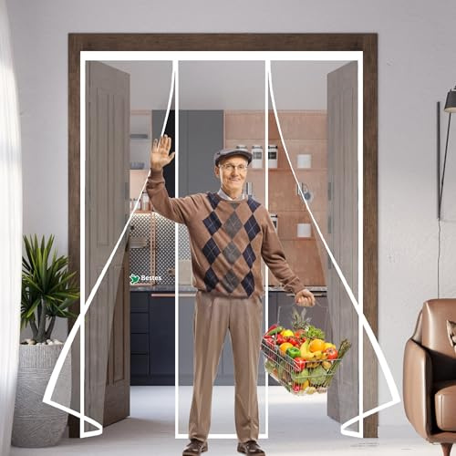 Magnetic Fly Heavy Duty Door Screens, 290x170cm Anti Mosquito Mesh Fly Curtains with Powerful Magnets Full Frame Magic Tape, Keep Bugs Out Lets Fresh Air in for Patio Balcony Bedroom White
