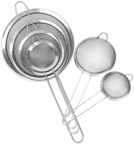 6 Pcs Fine Mesh Strainers Set, Stainless Steel Sieve Flour Sifter Colander with Long Handle, Rustproof Loose Tea Strainer Matcha Sieves Filter for Cooking, Juice, Pasta, Spices, Kitchen (4 Sizes)
