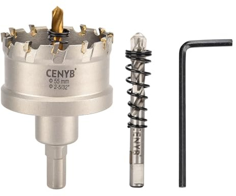 CENYB scie cloche metal 2-5/32 (55mm) à pointe en carbure de tungstène, avec 2 forets pilotes titanées - Idéale pour métaux durs, acier inoxydable, fer, alliage d'aluminium, bois et plastique