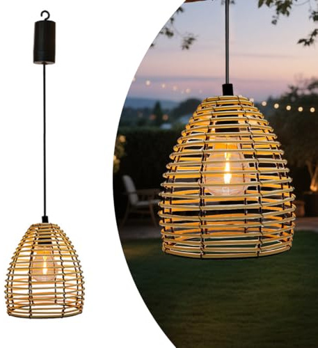 WRQIOO Rattan Hängelampe Batterie, Hängeleuchte Akku mit Timer, Wasserdicht Pendelleuchte Batteriebetrieben für Außen Und Innen, Warm Weiß Boho Lampe Outdoor für Garten Balkon