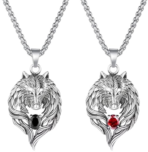 Liitata 2 pezzi collana con ciondolo a forma di testa di lupo, collana con ciondolo a forma di gotico, punk, hip hop, per uomini e donne, colore: rosso, nero