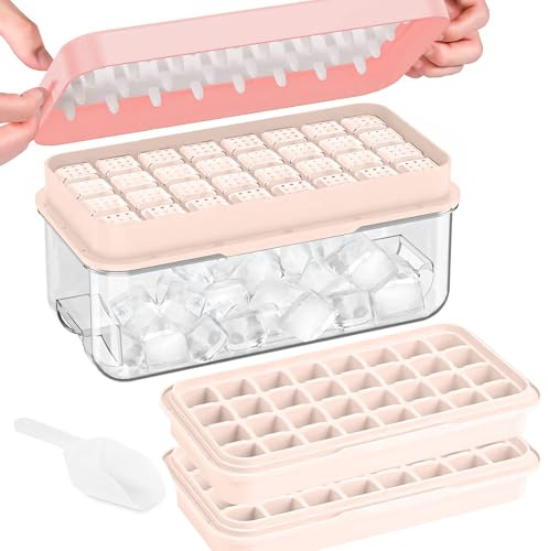 Vassoi per cubetti di ghiaccio con coperchio, stampo per cubetti di ghiaccio a 64 griglie - senza BPA, vaschette per cubetti di ghiaccio quadrate con rilascio facile in un secondo (Rosa, 2 livelli)