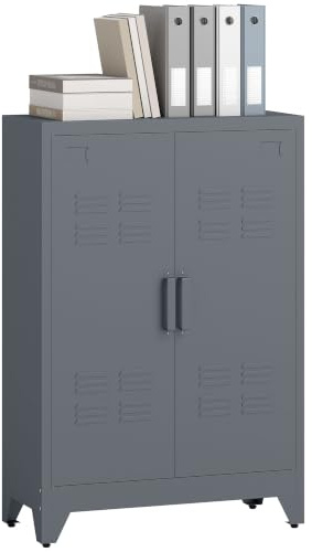 HOMCOM Aktenschrank mit Lamellen-Doppeltür 75x33x110cm Grau | Verstellbarer Einlegeboden, Metallschrank, Mehrzweckschrank, Büroschrank, Aufbewahrungsschrank